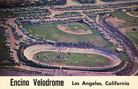 Vintage postcard: aerial view of the Encino Velodrome packed with spectators and cars