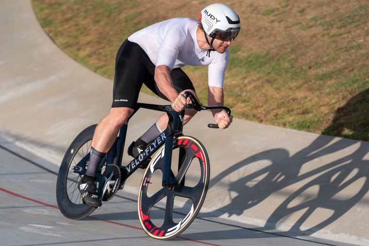 At speed on the banking during the Masters and Juniors State Time Trial Championships.