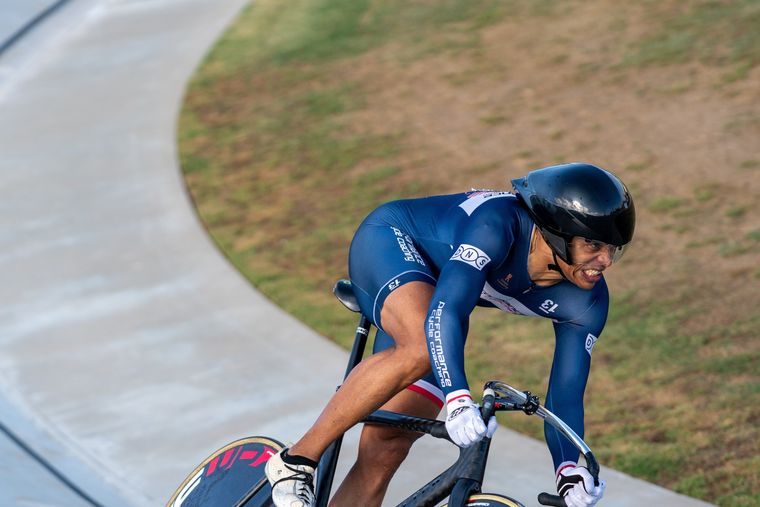 At speed on the banking during the Masters and Juniors State Time Trial Championships.
