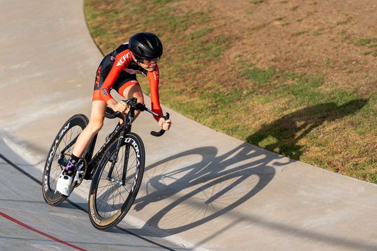 At speed on the banking during the Masters and Juniors State Time Trial Championships.