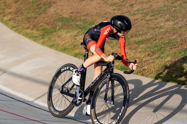 At speed on the banking during the Masters and Juniors State Time Trial Championships.