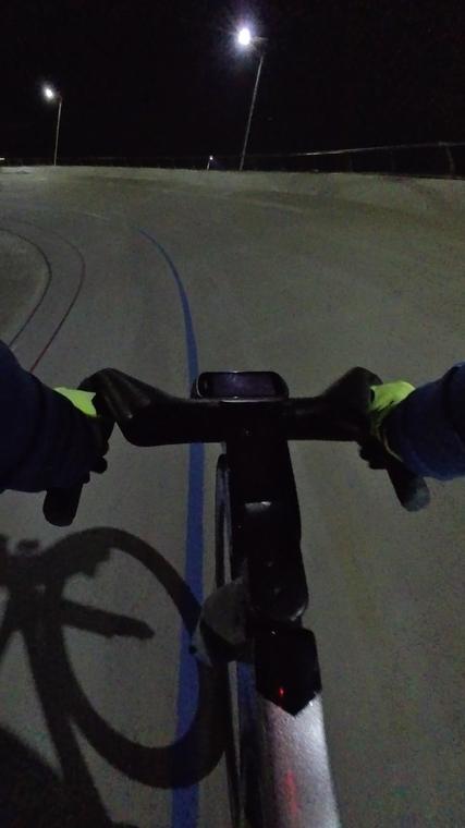 The blue stayers' line under the floodlights. Frame from video.